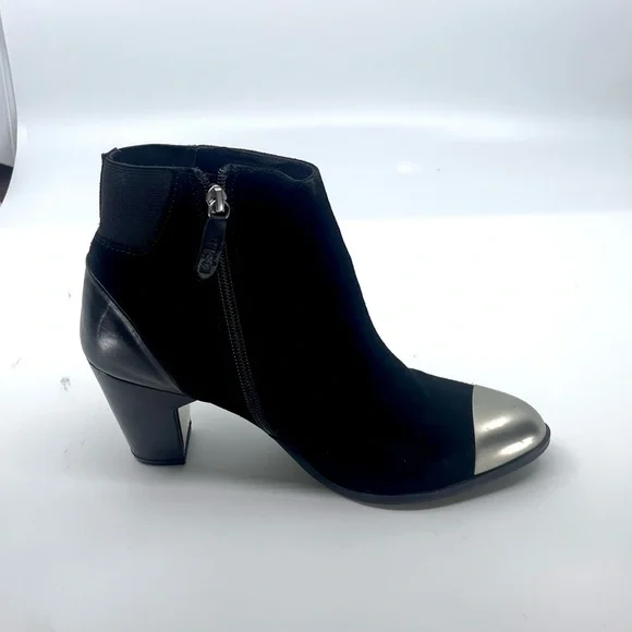 Black Suede Heeled Boots with Silver Metallic Toe Cap - Picture 3 of 9